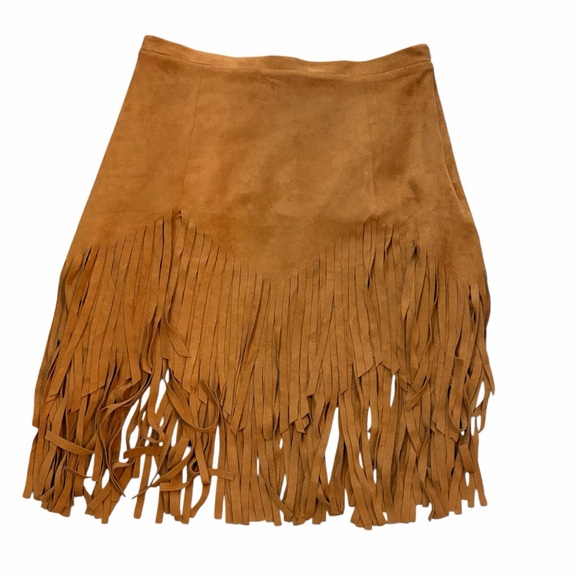 Sheryl Crow Fringe A-Line Skirt in Tan | Suede Look | Boho Western | Size M - Picture 2 of 6